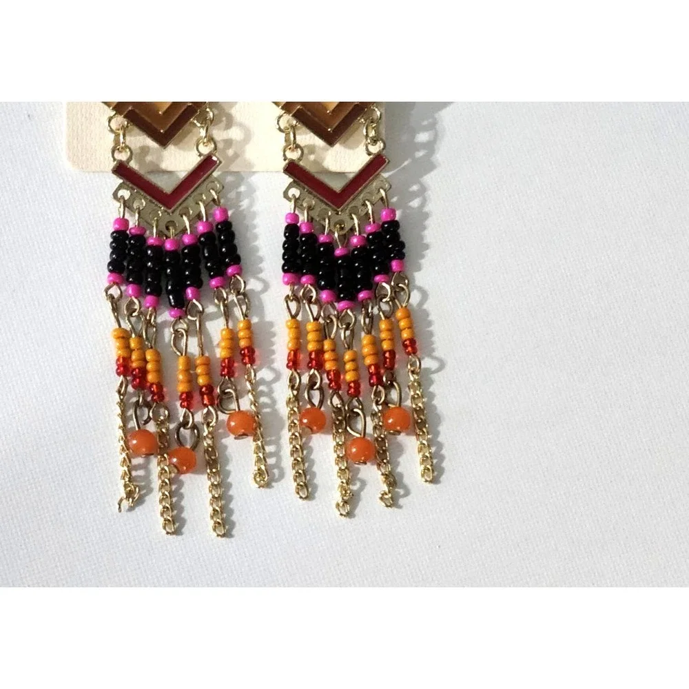 Miss C Native American Dangle‎ Earrings Oval Shape Beaded Surgical Steel